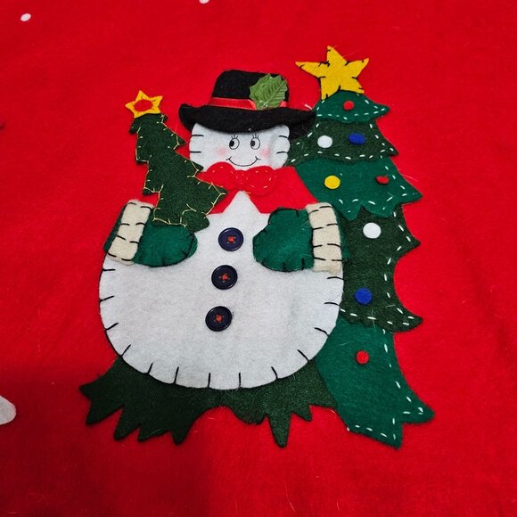 Red Felt Applique Christmas Tree Skirt 41" vintage Snowman Teddy Bear tree gift - Picture 2 of 7